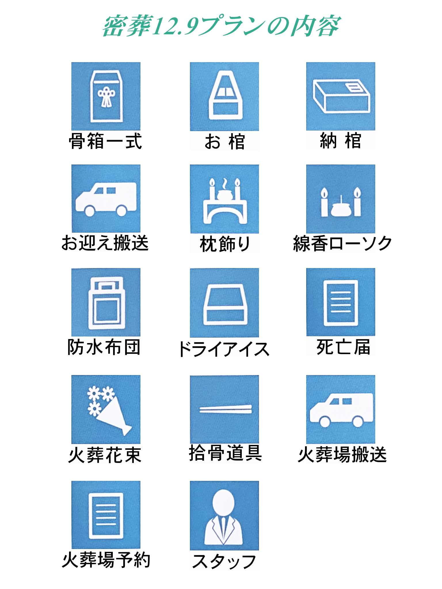 密葬12.9プランに下記全て含まれています。