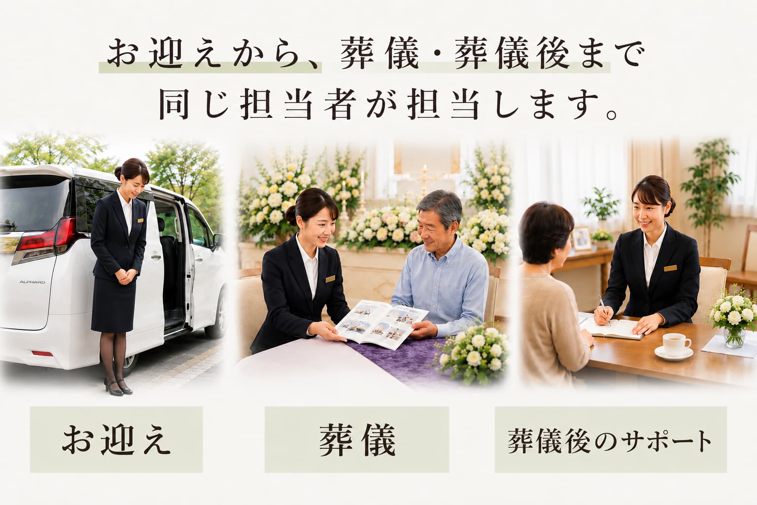お迎えから葬儀後まで同じ担当者がサポート